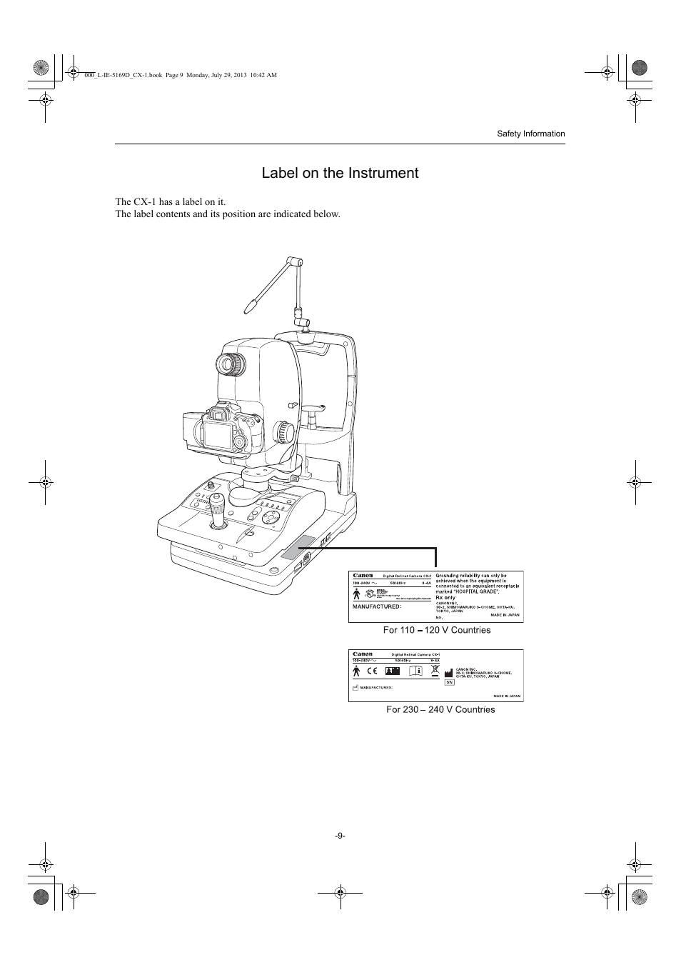 Label on the instrument | Canon CX-1 User Manual | Page 9 / 76