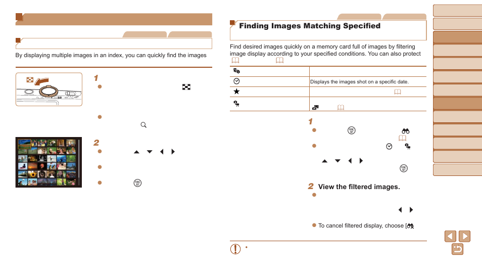 Browsing and filtering images, Search, Navigating through images in an index | Finding images matching specified conditions | Canon PowerShot ELPH 340 HS User Manual | Page 68 / 163