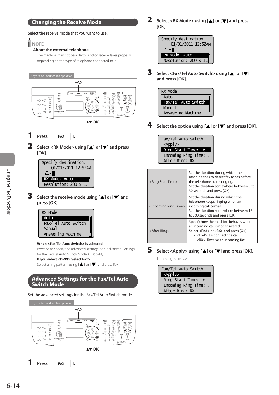 Changing the receive mode, Advanced settings for the fax/tel auto switch mode, P. 6-14) | Canon imageCLASS MF5960dn User Manual | Page 102 / 176