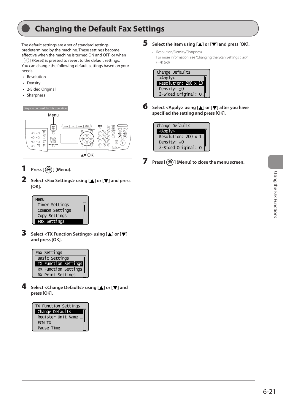 Changing the default fax settings, See “changing the, Default fax settings | P. 6-21) | Canon imageCLASS MF5960dn User Manual | Page 109 / 176