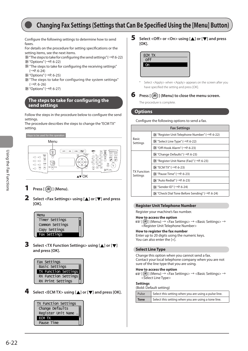 Options, Register unit telephone number, Select line type | Canon imageCLASS MF5960dn User Manual | Page 110 / 176