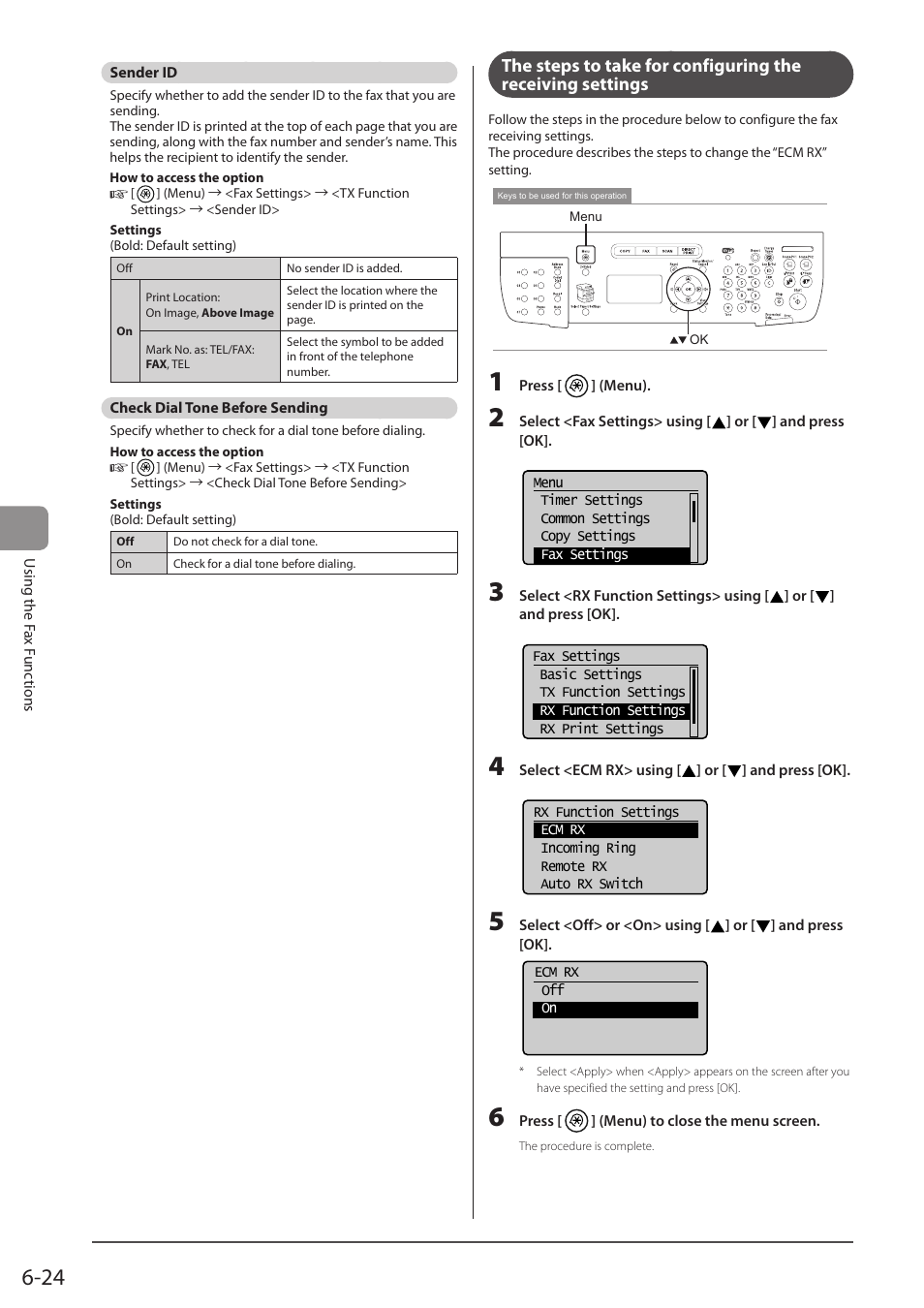 Sender id, Check dial tone before sending, P. 6-24) | Canon imageCLASS MF5960dn User Manual | Page 112 / 176