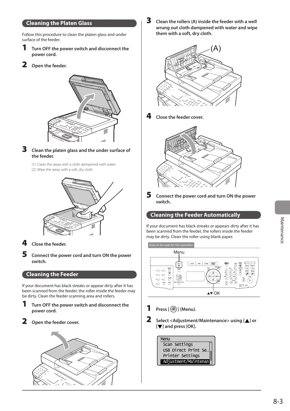 Cleaning the platen glass, Cleaning the feeder, Cleaning the feeder automatically | Canon imageCLASS MF5960dn User Manual | Page 127 / 176