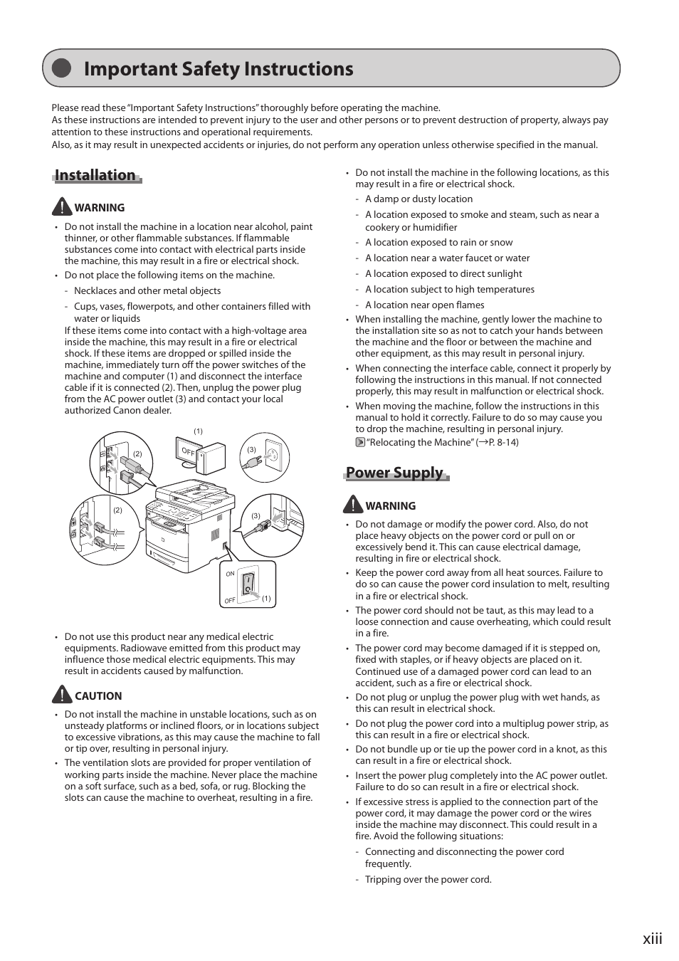 Important safety instructions, Xiii, Installation | Power supply | Canon imageCLASS MF5960dn User Manual | Page 13 / 176