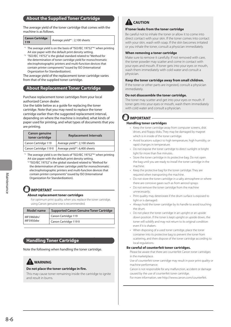 About the supplied toner cartridge, About replacement toner cartridge, Handling toner cartridge | P. 8-6) | Canon imageCLASS MF5960dn User Manual | Page 130 / 176