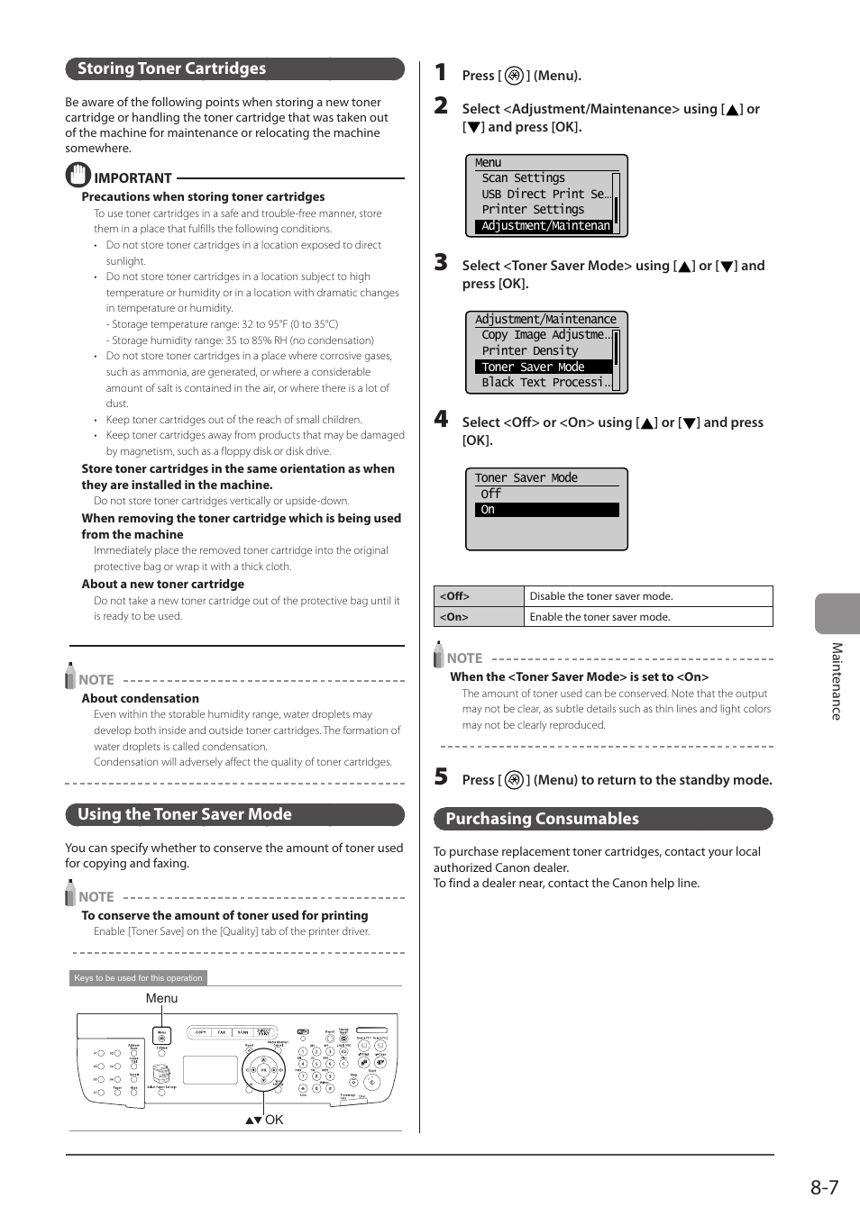 Storing toner cartridges, Using the toner saver mode, Purchasing consumables | P. 8-7) | Canon imageCLASS MF5960dn User Manual | Page 131 / 176