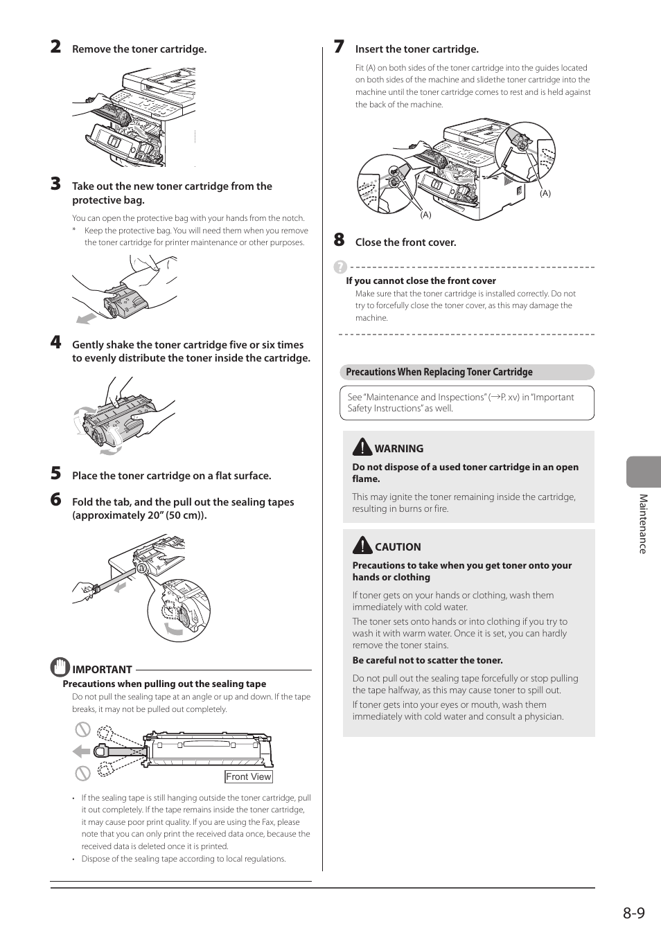 Precautions when replacing toner cartridge, See “precautions when, Replacing toner cartridge | P. 8-9) | Canon imageCLASS MF5960dn User Manual | Page 133 / 176