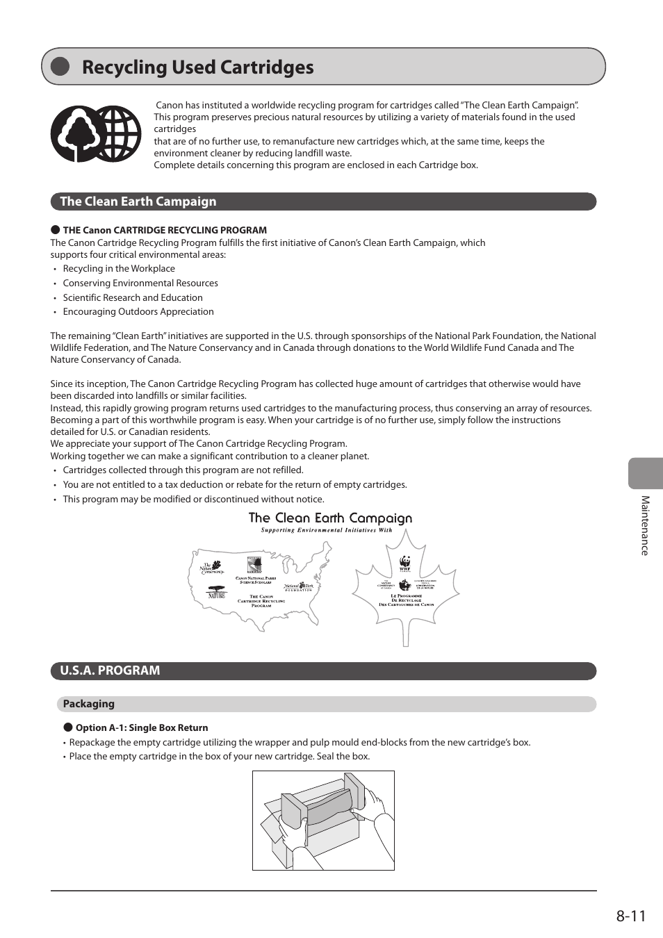 Recycling used cartridges, The clean earth campaign, U.s.a. program | Packaging | Canon imageCLASS MF5960dn User Manual | Page 135 / 176