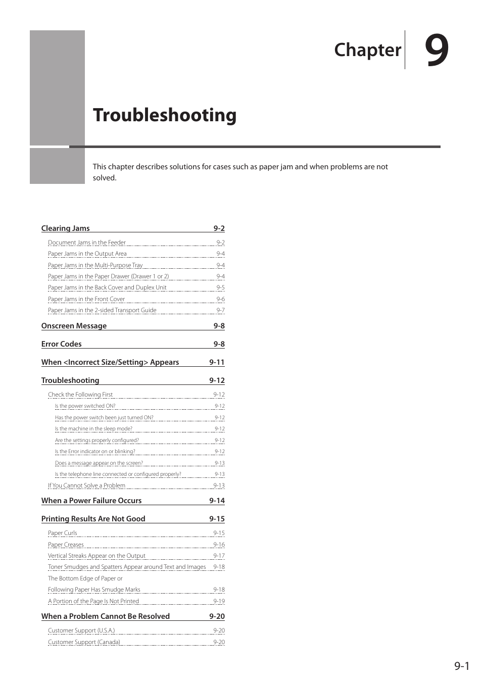 Troubleshooting, P.9-1, Chapter | Canon imageCLASS MF5960dn User Manual | Page 141 / 176