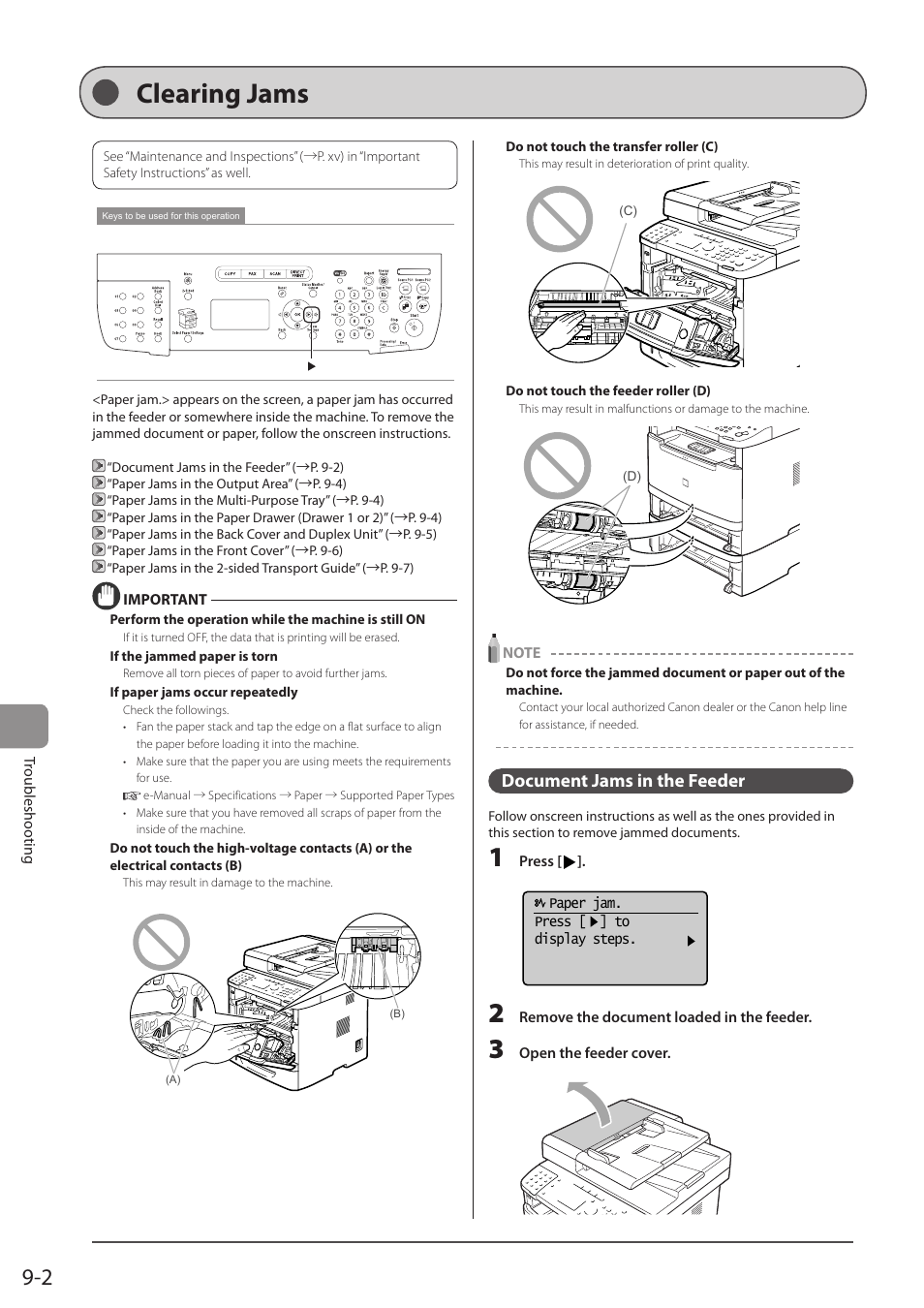 Clearing jams, Document jams in the feeder | Canon imageCLASS MF5960dn User Manual | Page 142 / 176