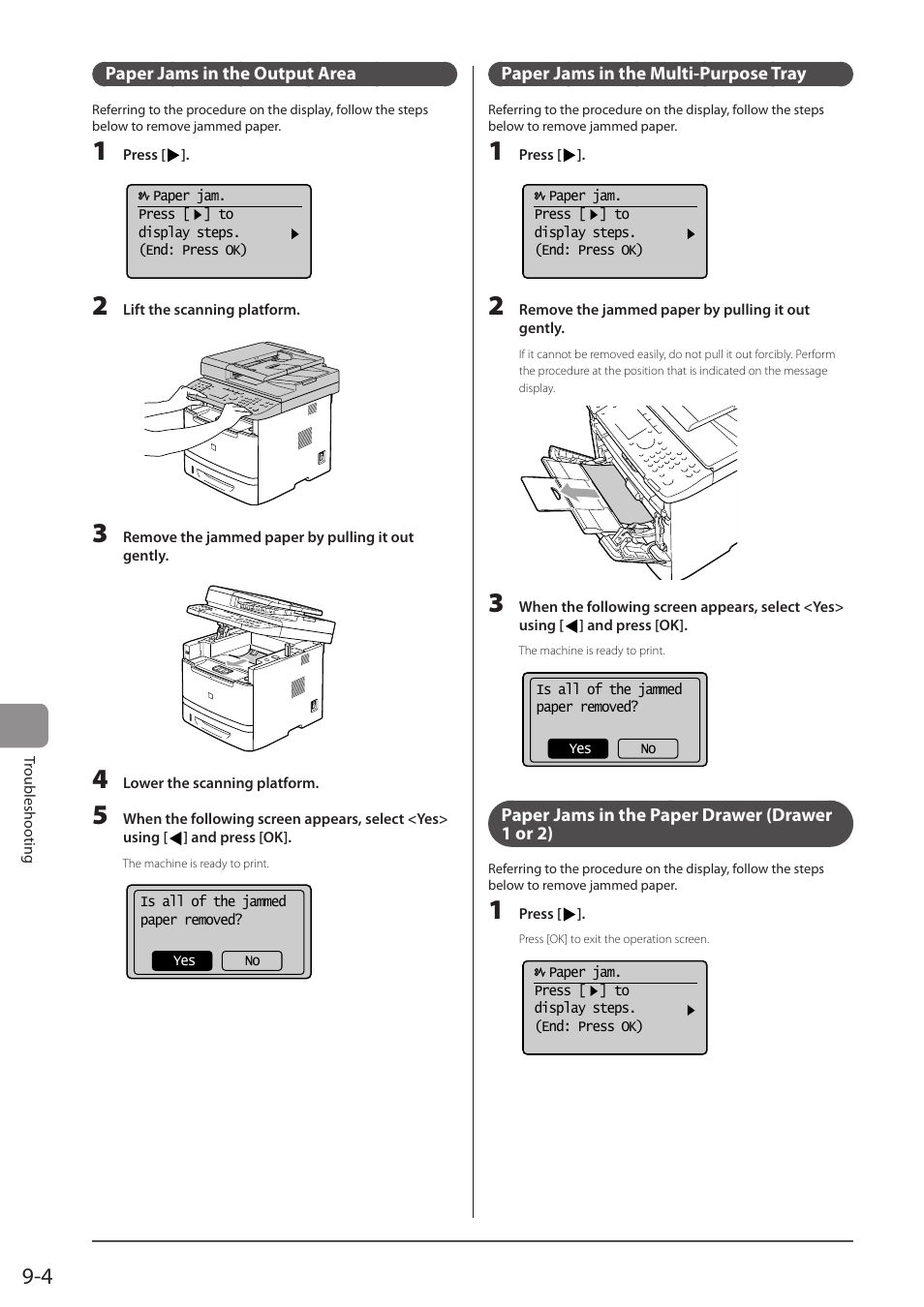 Paper jams in the output area, Paper jams in the multi-purpose tray, Paper jams in the paper drawer (drawer 1 or 2) | P. 9-4) | Canon imageCLASS MF5960dn User Manual | Page 144 / 176