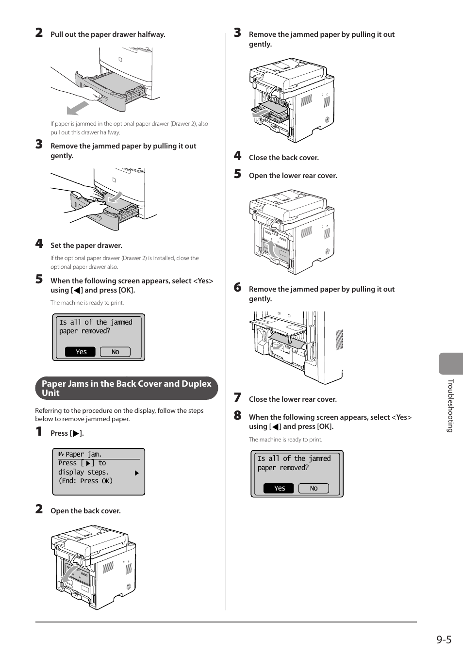 Paper jams in the back cover and duplex unit, P. 9-5) | Canon imageCLASS MF5960dn User Manual | Page 145 / 176