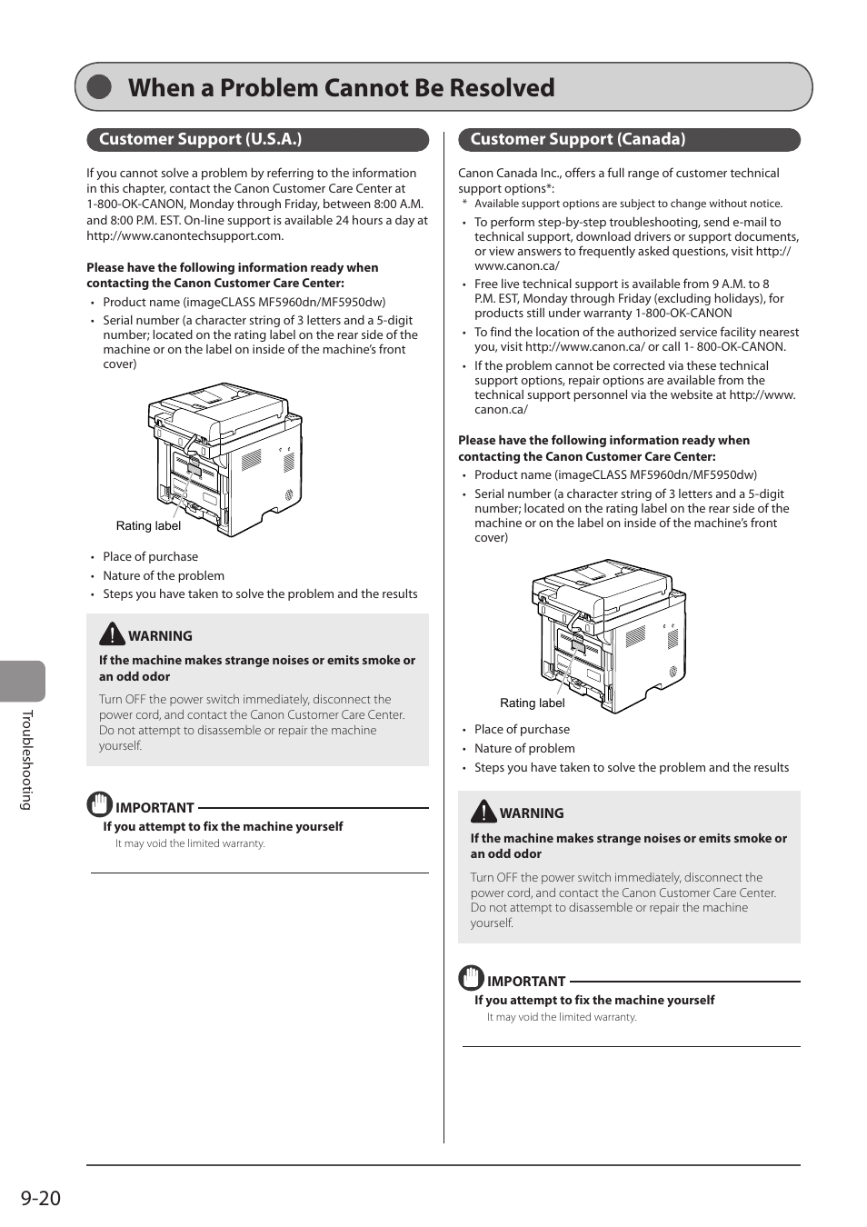 When a problem cannot be resolved, Customer support (u.s.a.), Customer support (canada) | Canon imageCLASS MF5960dn User Manual | Page 160 / 176