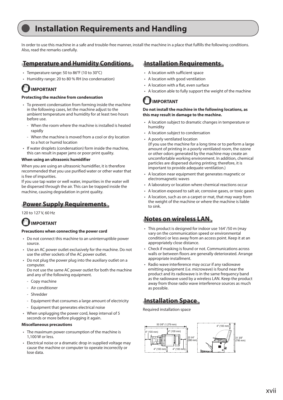 Installation requirements and handling, Xvii, Temperature and humidity conditions | Power supply requirements, Installation requirements, Installation space | Canon imageCLASS MF5960dn User Manual | Page 17 / 176