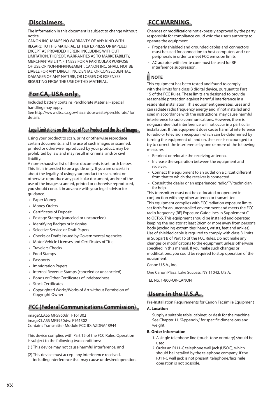 Disclaimers, For ca, usa only, Fcc (federal communications commission) | Fcc warning, Users in the u.s.a | Canon imageCLASS MF5960dn User Manual | Page 20 / 176