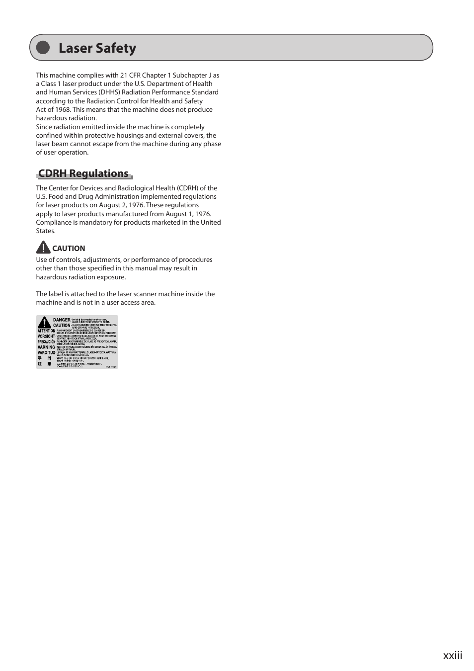 Laser safety, Xxiii, Cdrh regulations | Canon imageCLASS MF5960dn User Manual | Page 23 / 176