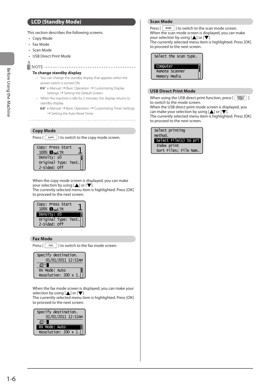 Lcd (standby mode), Copy mode, Fax mode | Scan mode, Usb direct print mode | Canon imageCLASS MF5960dn User Manual | Page 30 / 176