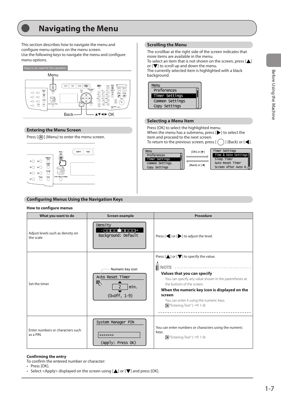 Navigating the menu, Entering the menu screen, Scrolling the menu | Selecting a menu item, Configuring menus using the navigation keys | Canon imageCLASS MF5960dn User Manual | Page 31 / 176