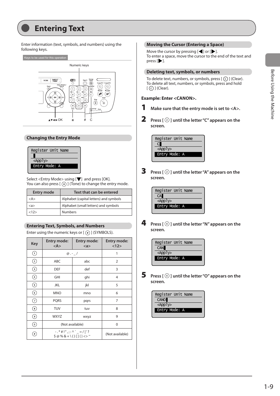 Entering text, Changing the entry mode, Entering text, symbols, and numbers | Moving the cursor (entering a space), Deleting text, symbols, or numbers, P. 1-9) | Canon imageCLASS MF5960dn User Manual | Page 33 / 176