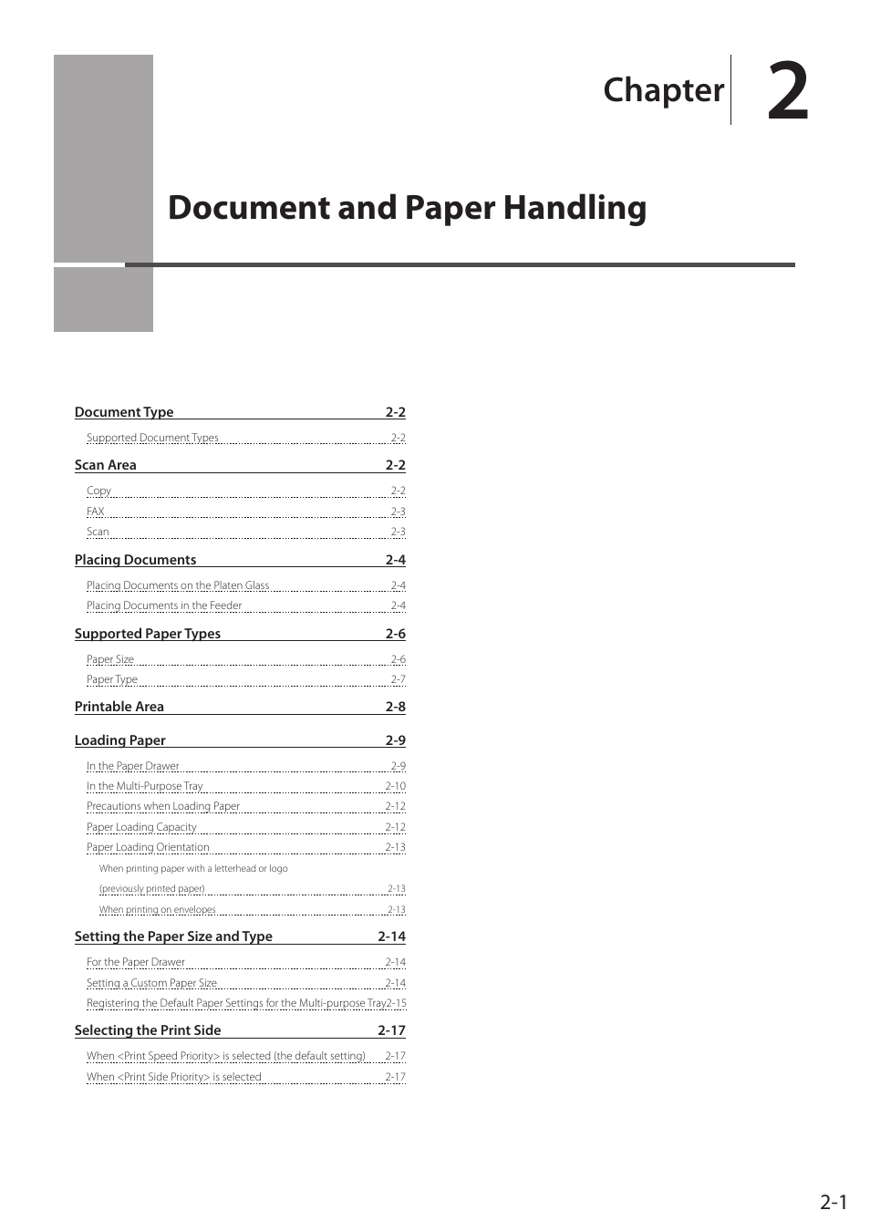 Document and paper handling, P.2-1, Document and paper handling 2-1 | Chapter | Canon imageCLASS MF5960dn User Manual | Page 37 / 176