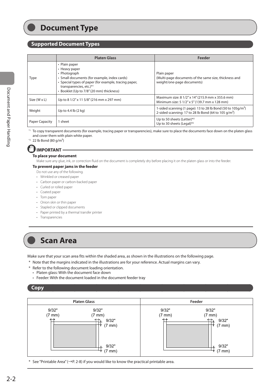 Document type, Supported document types, Scan area | Copy, Document type scan area | Canon imageCLASS MF5960dn User Manual | Page 38 / 176