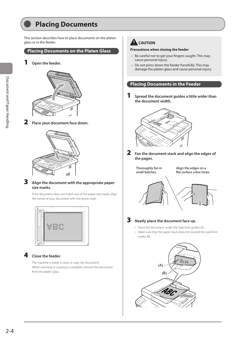 Placing documents, Placing documents on the platen glass, Placing documents in the feeder | Canon imageCLASS MF5960dn User Manual | Page 40 / 176