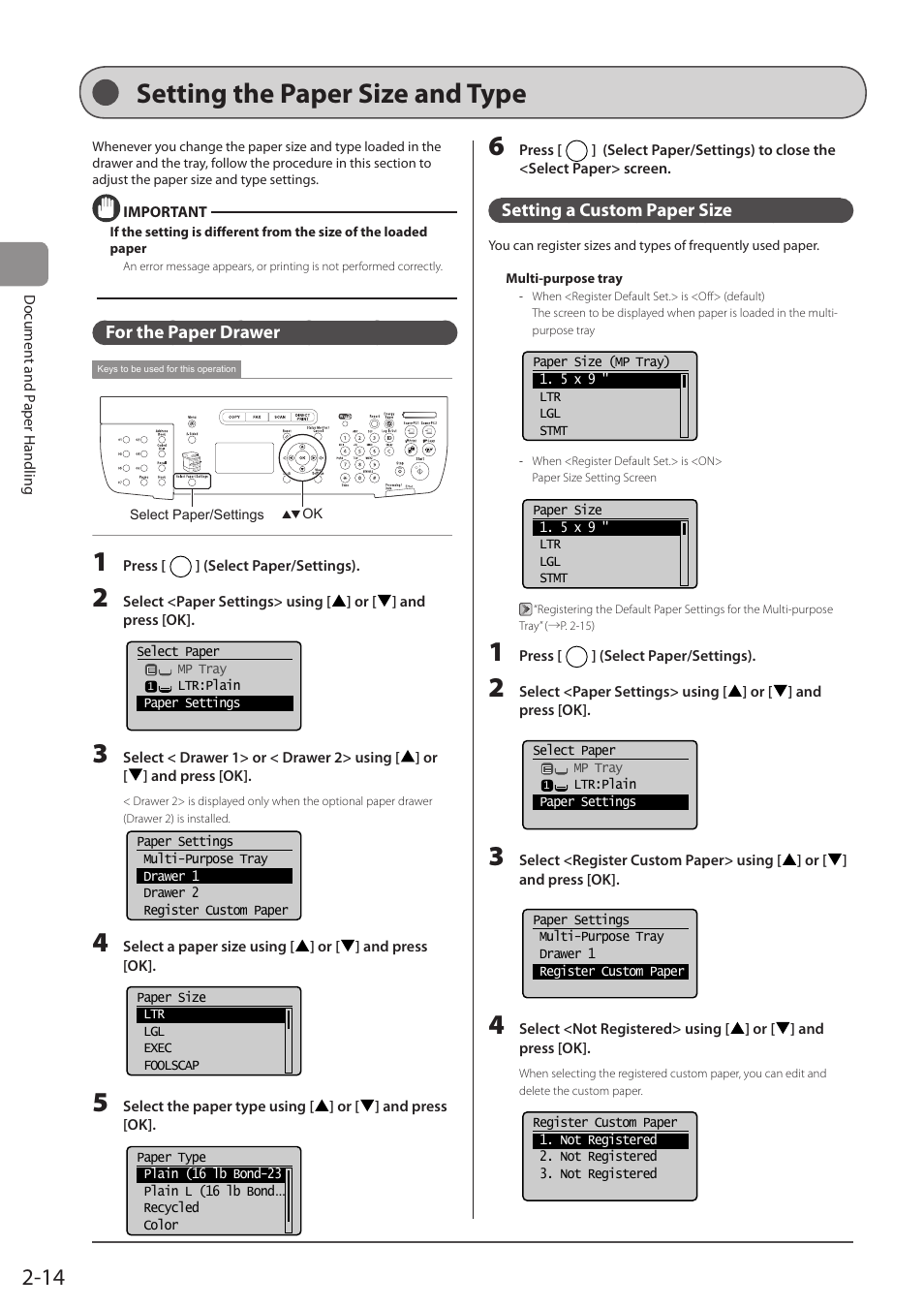 Setting the paper size and type, For the paper drawer, Setting a custom paper size | P. 2-14), For the paper drawer” (→p. 2-14) | Canon imageCLASS MF5960dn User Manual | Page 50 / 176