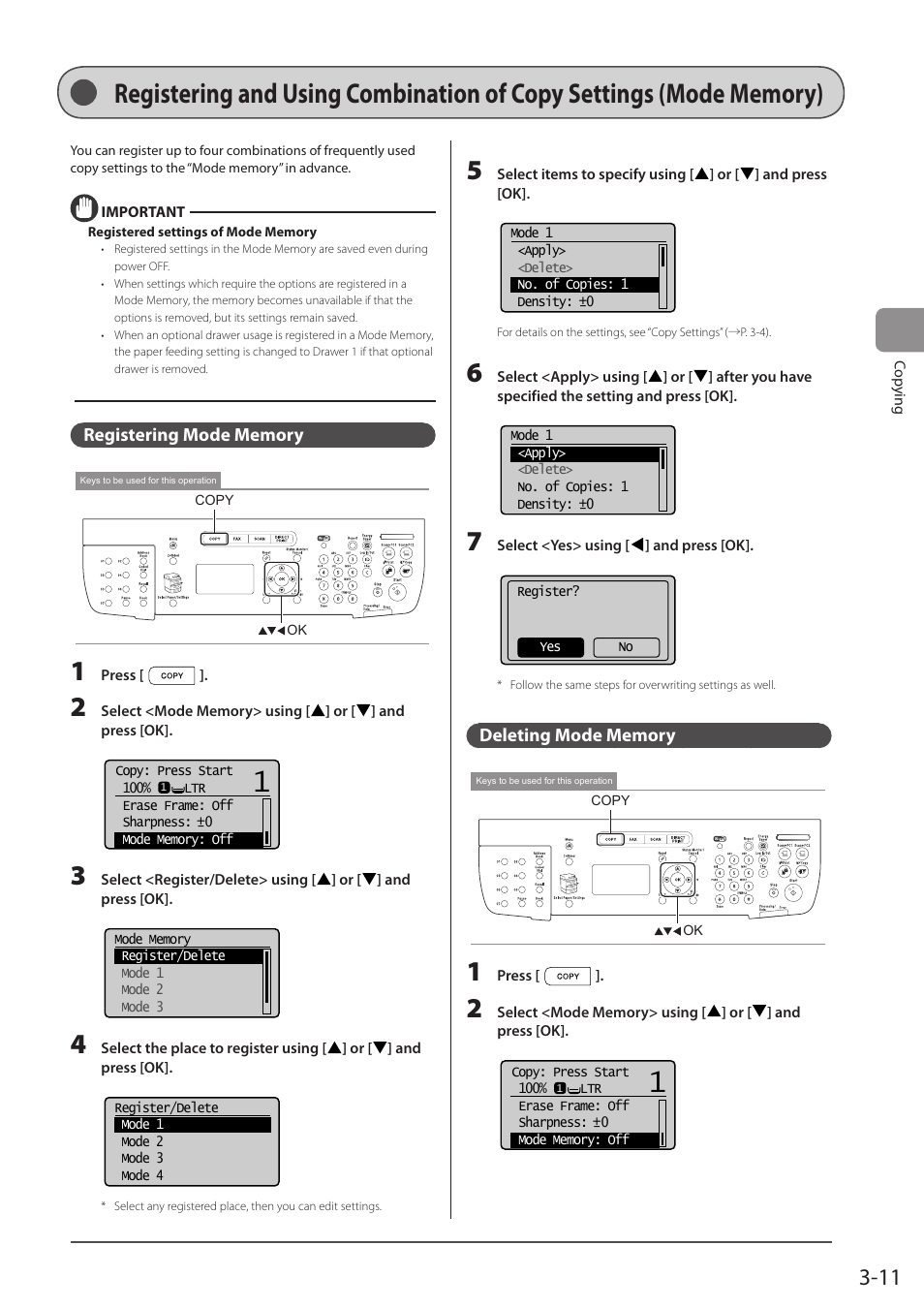 Registering mode memory, Deleting mode memory, P. 3-11) | Canon imageCLASS MF5960dn User Manual | Page 65 / 176