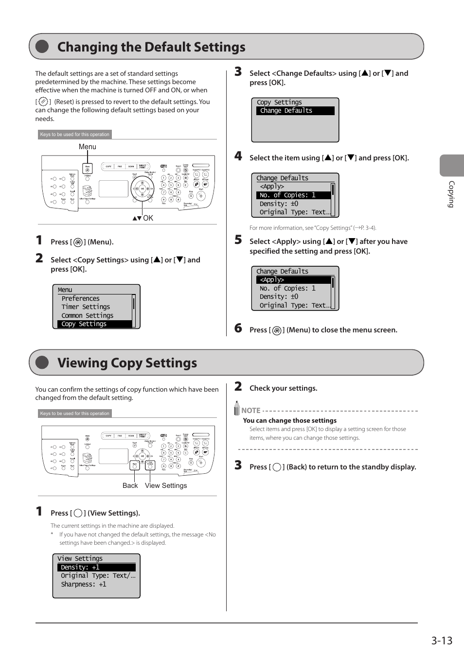 Changing the default settings, Viewing copy settings, P. 3-13) | Canon imageCLASS MF5960dn User Manual | Page 67 / 176