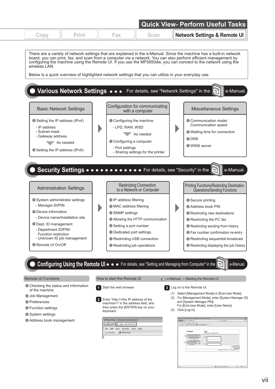 Saving in a computer, Quick view- perform useful tasks, Various network settings | Security settings, Configuring using the remote ui, Emailing scanned documents, Sending scanned documents to a file server | Canon imageCLASS MF5960dn User Manual | Page 7 / 176