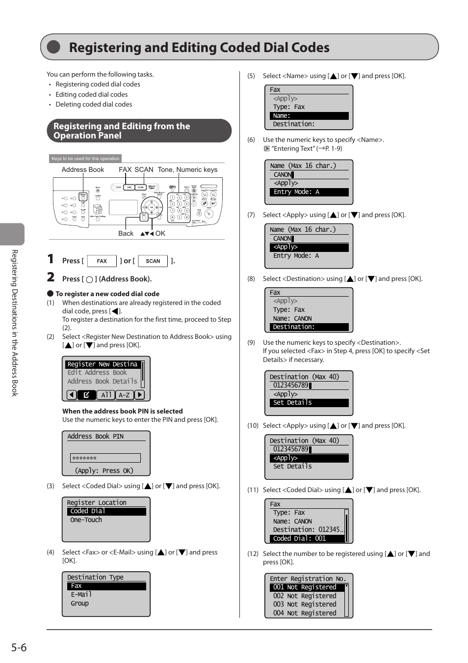 Registering and editing coded dial codes, Registering and editing from the operation panel, P. 5-6) | Canon imageCLASS MF5960dn User Manual | Page 80 / 176