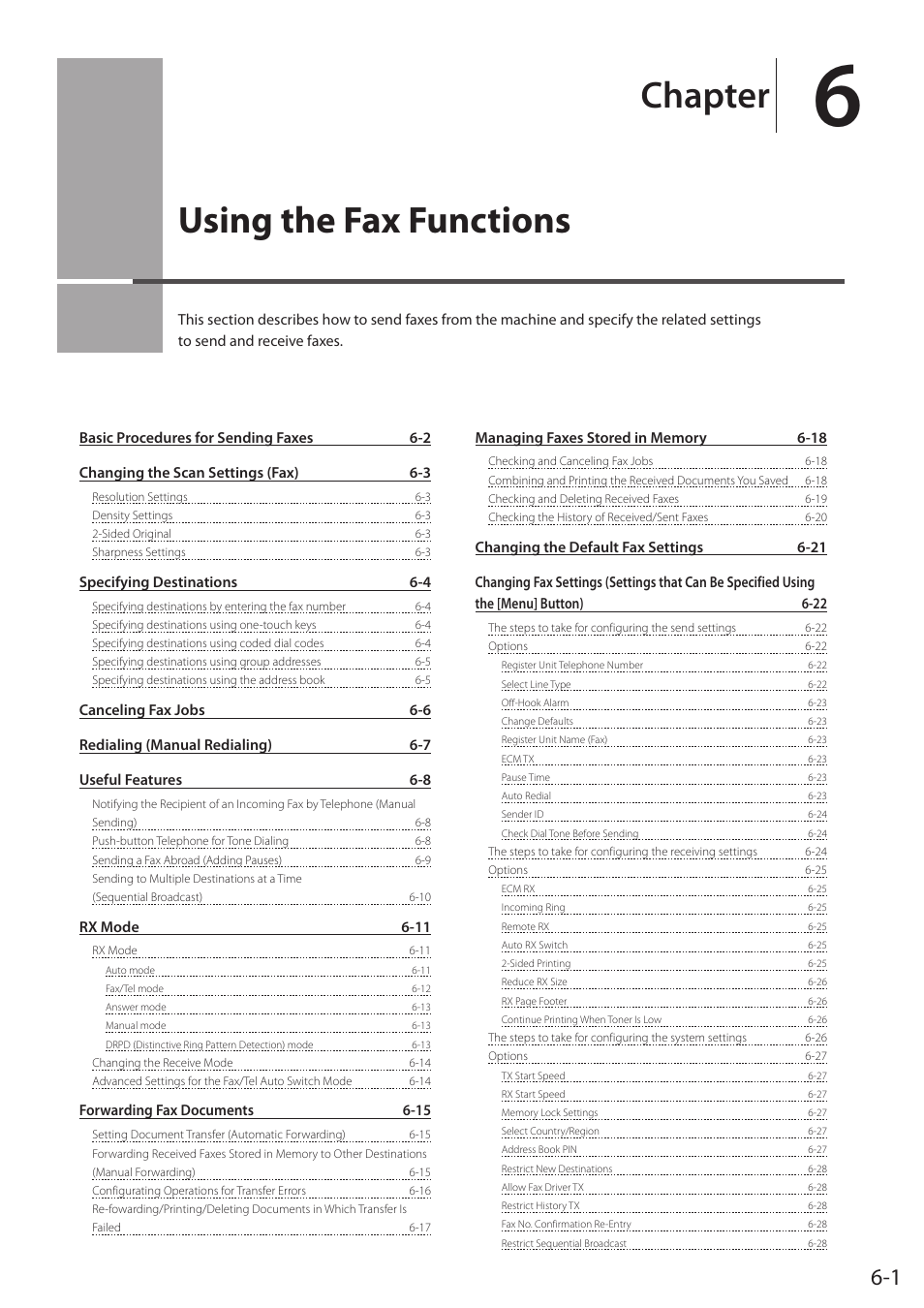 Using the fax functions, Using the fax functions p.6-1, Chapter | Canon imageCLASS MF5960dn User Manual | Page 89 / 176