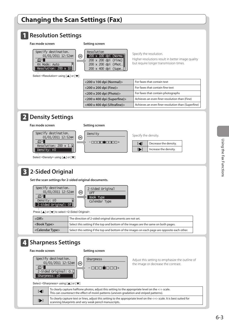 Changing the scan settings (fax), Resolution settings, Density settings | Sided original, Sharpness settings, See p.6-3.) | Canon imageCLASS MF5960dn User Manual | Page 91 / 176