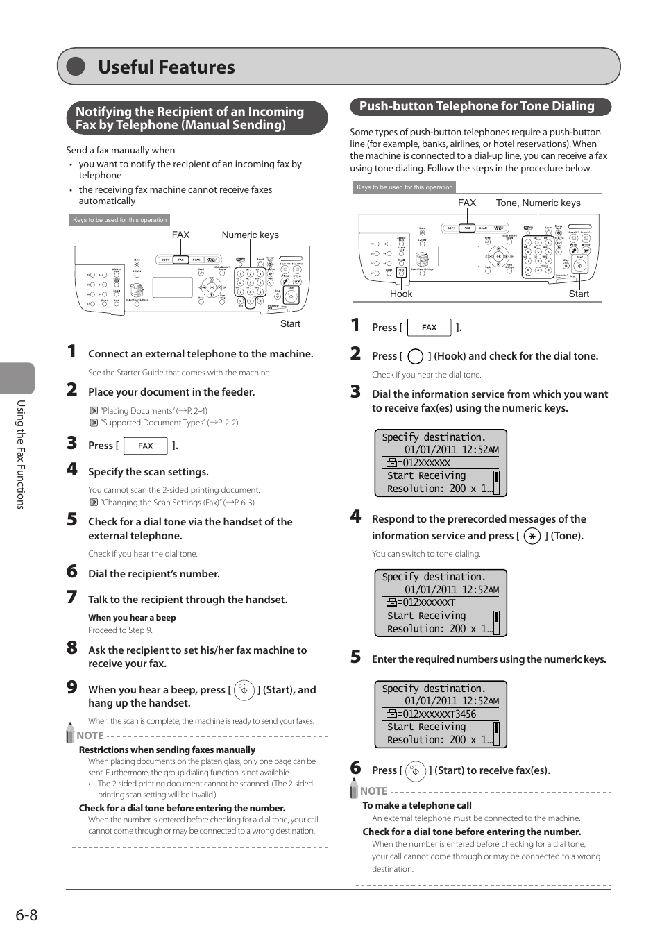 Useful features, Push-button telephone for tone dialing, Manual sending) | P. 6-8) | Canon imageCLASS MF5960dn User Manual | Page 96 / 176