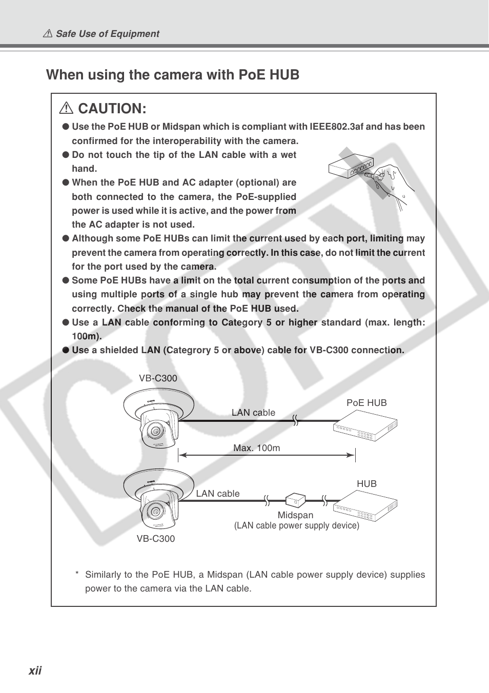 A caution, When using the camera with poe hub | Canon VB-C300 User Manual | Page 12 / 54