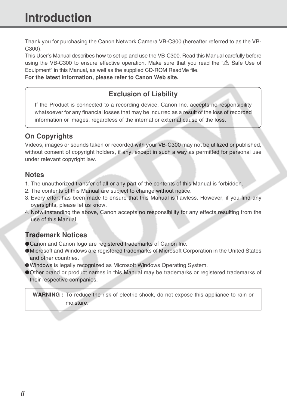 Introduction | Canon VB-C300 User Manual | Page 2 / 54