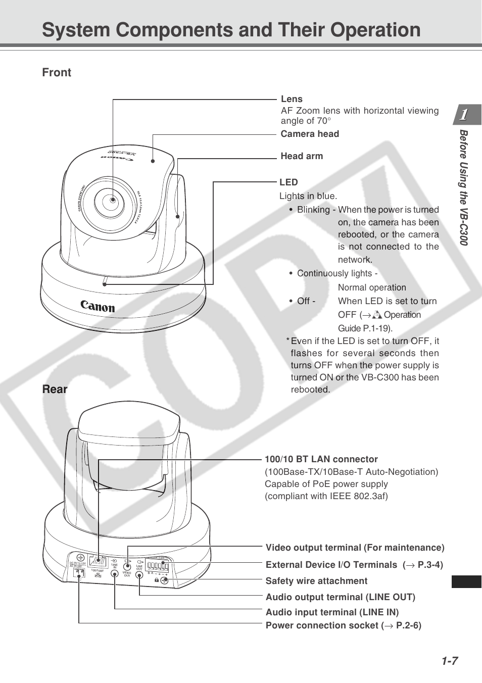 System components and their operation, Rear, Front | Bef ore using the vb-c300 | Canon VB-C300 User Manual | Page 21 / 54