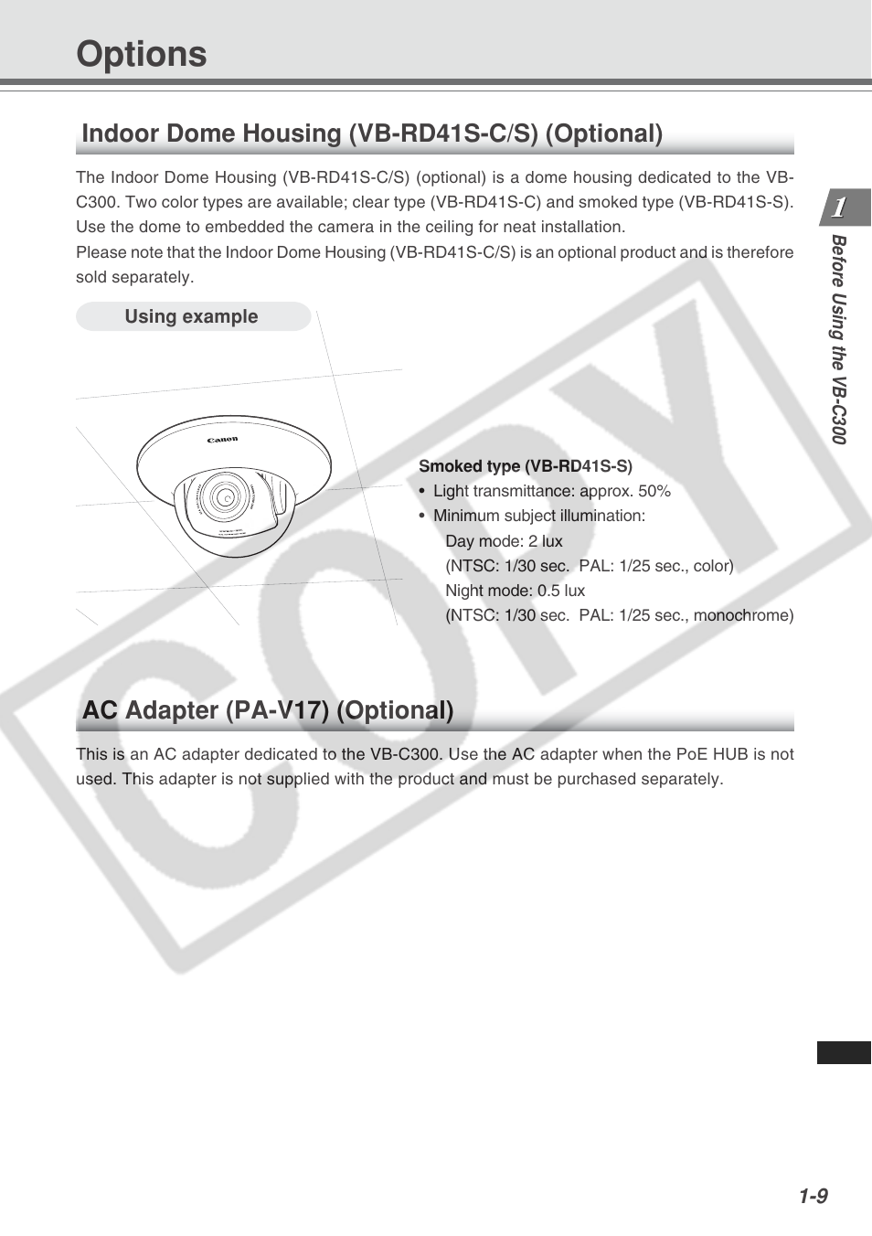 Options, Indoor dome housing (vb-rd41s-c/s) (optional), Ac adapter (pa-v17) (optional) | Canon VB-C300 User Manual | Page 23 / 54