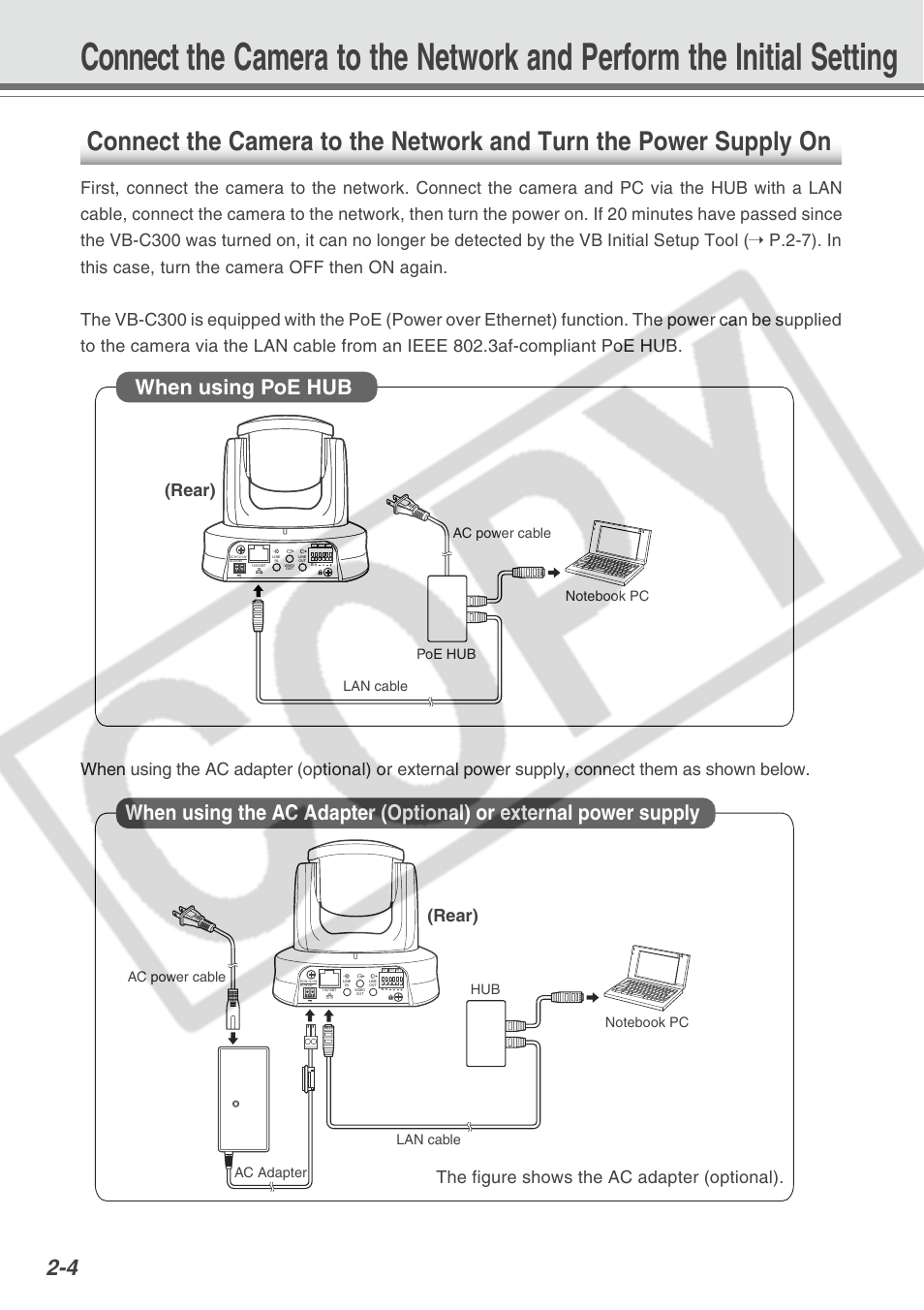 When using poe hub, Rear), The figure shows the ac adapter (optional) | Canon VB-C300 User Manual | Page 28 / 54