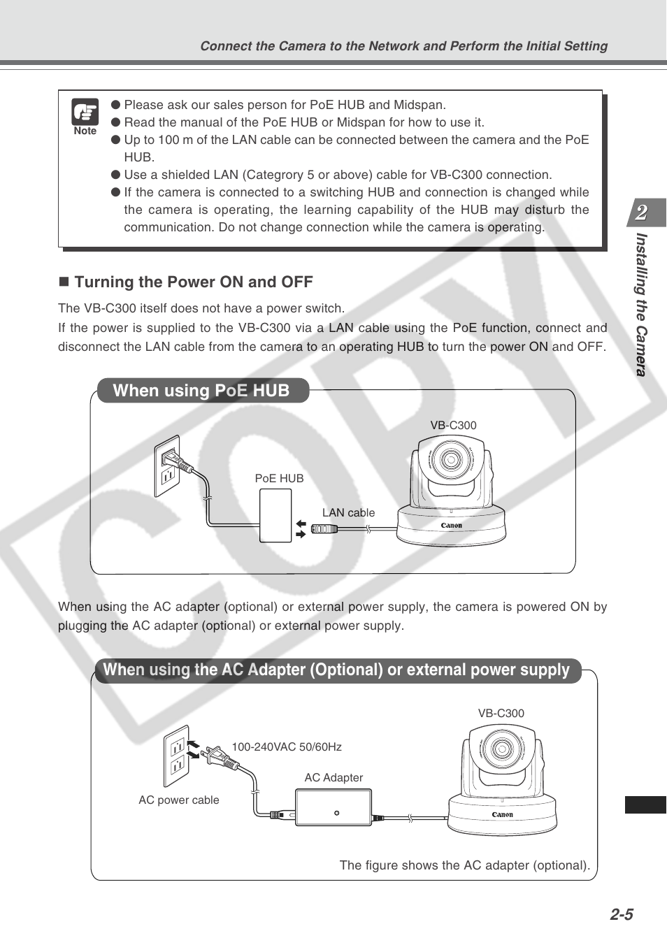 When using poe hub, Turning the power on and off | Canon VB-C300 User Manual | Page 29 / 54