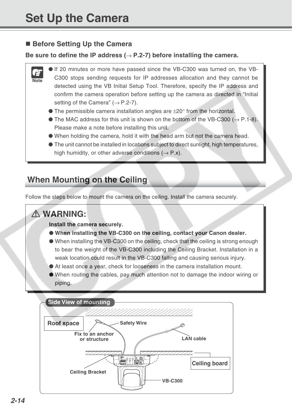 Set up the camera, When mounting on the ceiling a warning, Before setting up the camera | Be sure to define the ip address, P.2-7) before installing the camera, Side view of mounting, Roof space ceiling board | Canon VB-C300 User Manual | Page 38 / 54