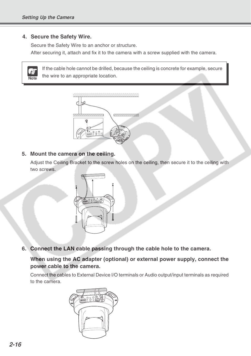Secure the safety wire, Mount the camera on the ceiling, Setting up the camera | Canon VB-C300 User Manual | Page 40 / 54