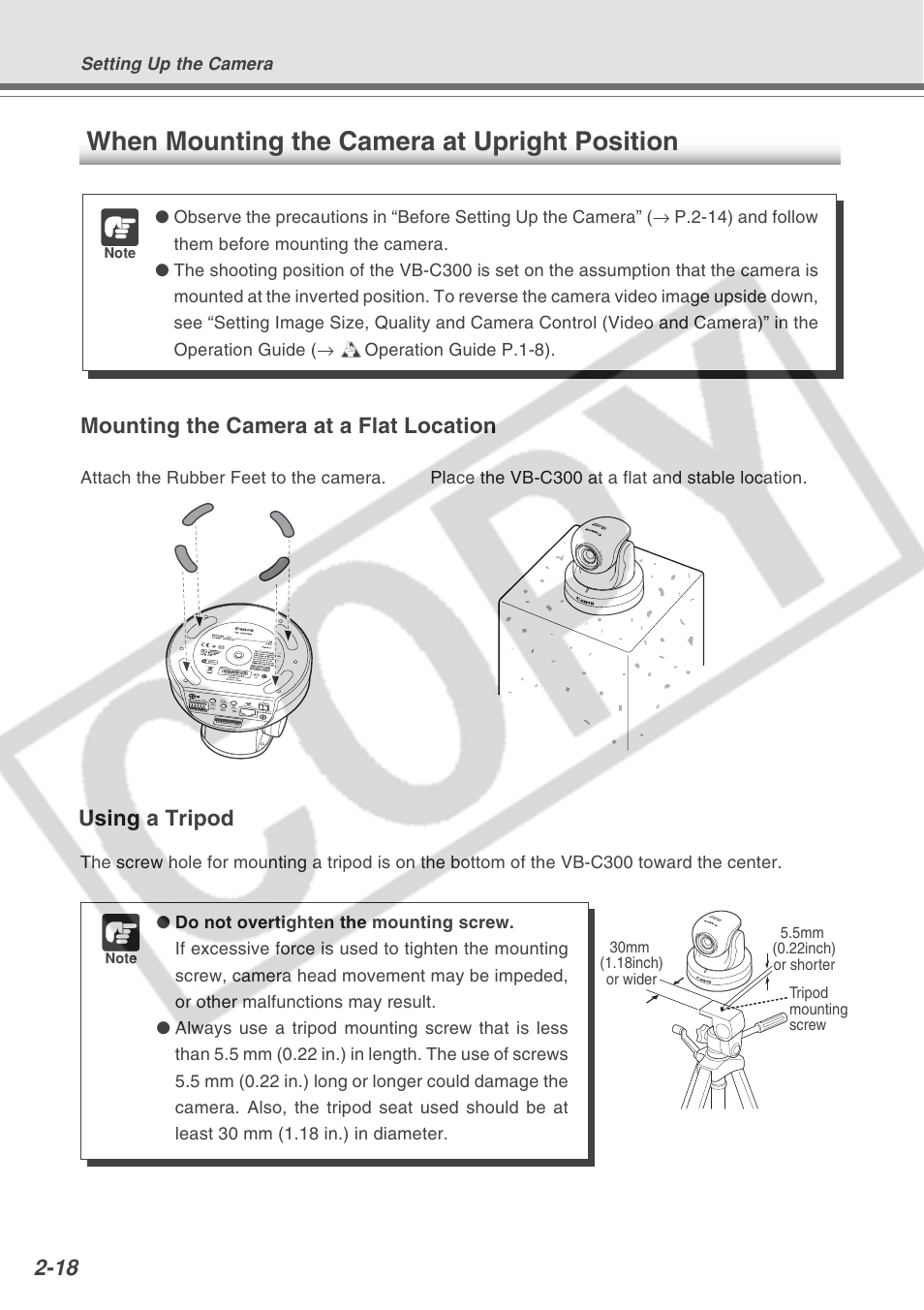 When mounting the camera at upright position, Mounting the camera at a flat location, Using a tripod | Canon VB-C300 User Manual | Page 42 / 54