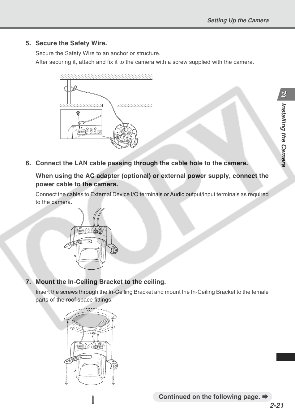 Installing the camera 5. secure the safety wire, Mount the in-ceiling bracket to the ceiling, Continued on the following page. a | Setting up the camera | Canon VB-C300 User Manual | Page 45 / 54