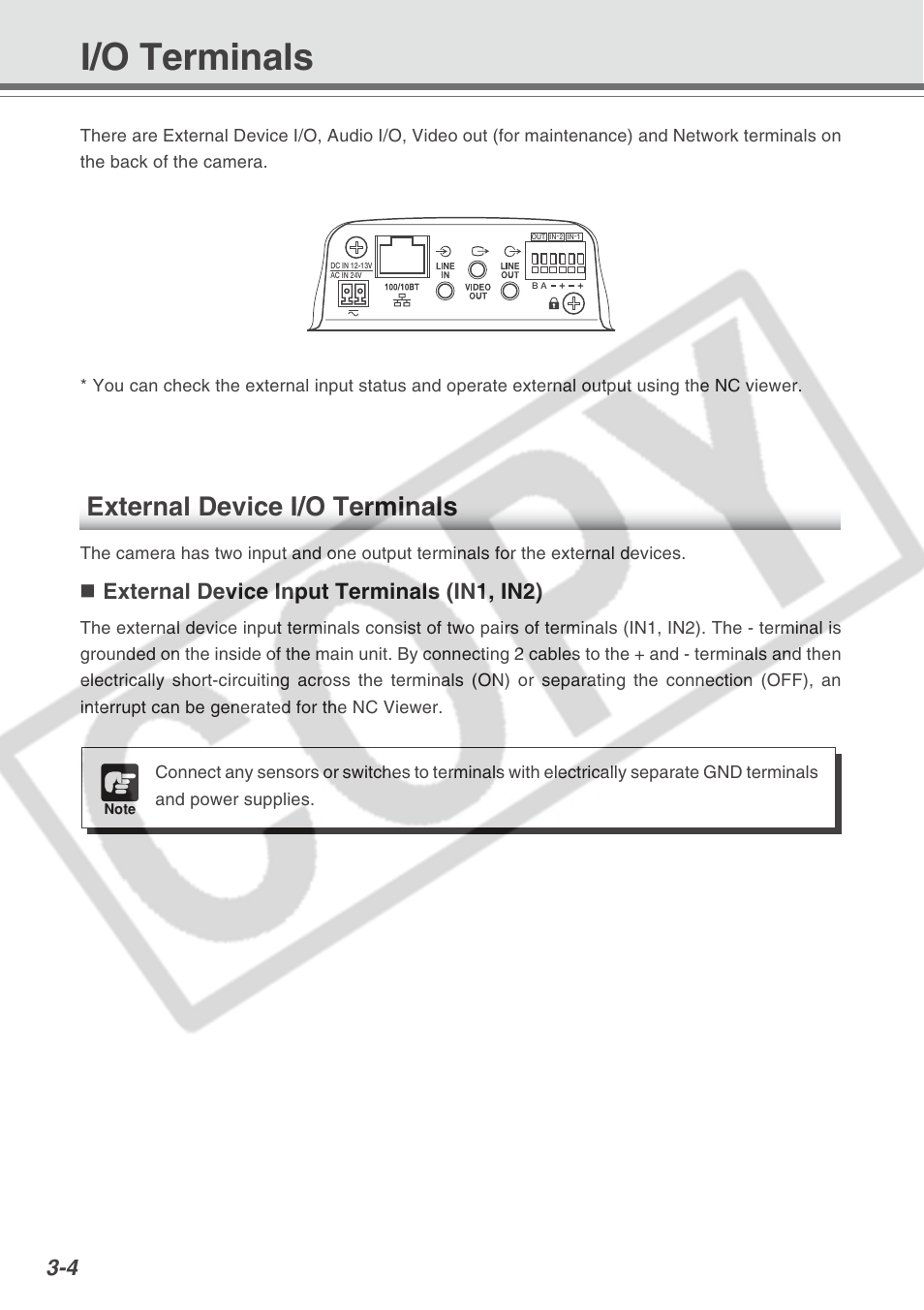 I/o terminals, External device i/o terminals, External device input terminals (in1, in2) | Canon VB-C300 User Manual | Page 50 / 54