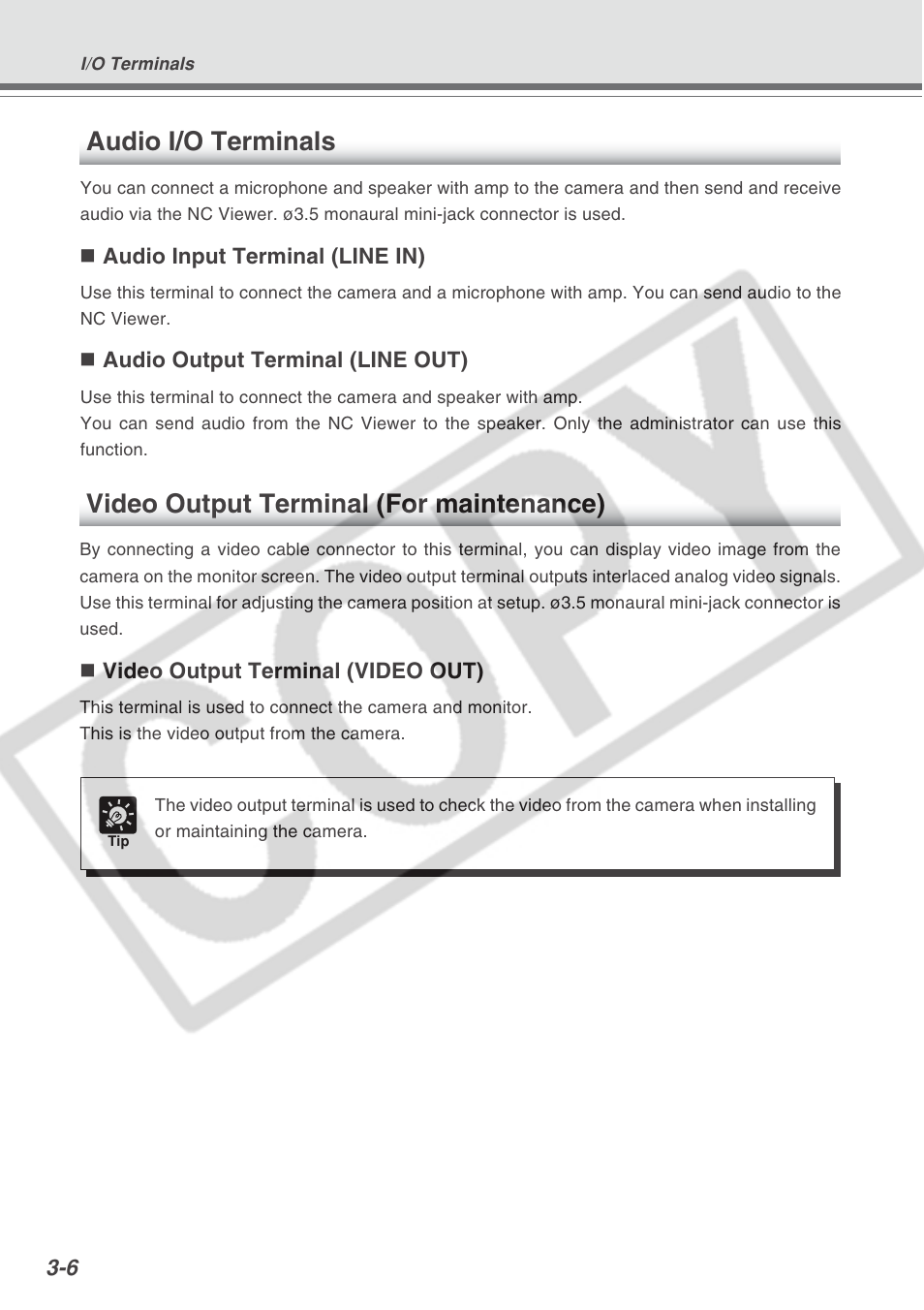 Audio i/o terminals, Video output terminal (for maintenance) | Canon VB-C300 User Manual | Page 52 / 54