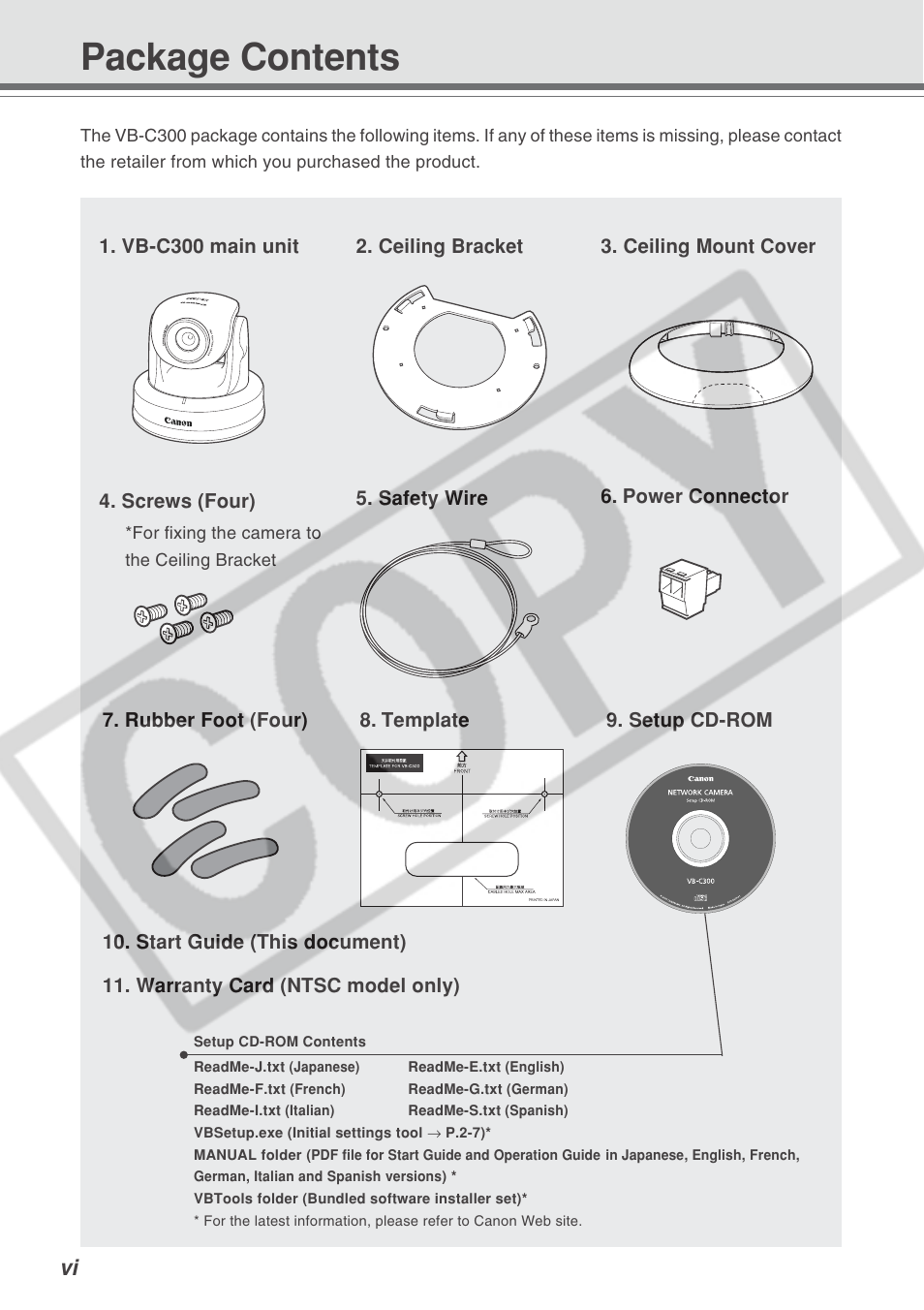 Package contents | Canon VB-C300 User Manual | Page 6 / 54