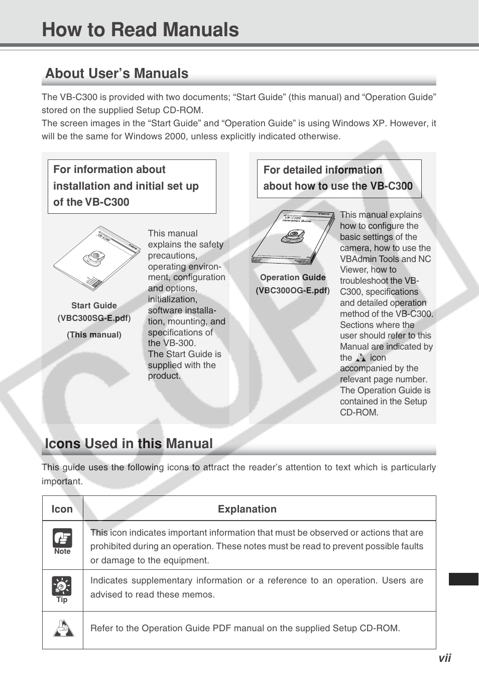 How to read manuals, About user’s manuals, Icons used in this manual | Canon VB-C300 User Manual | Page 7 / 54