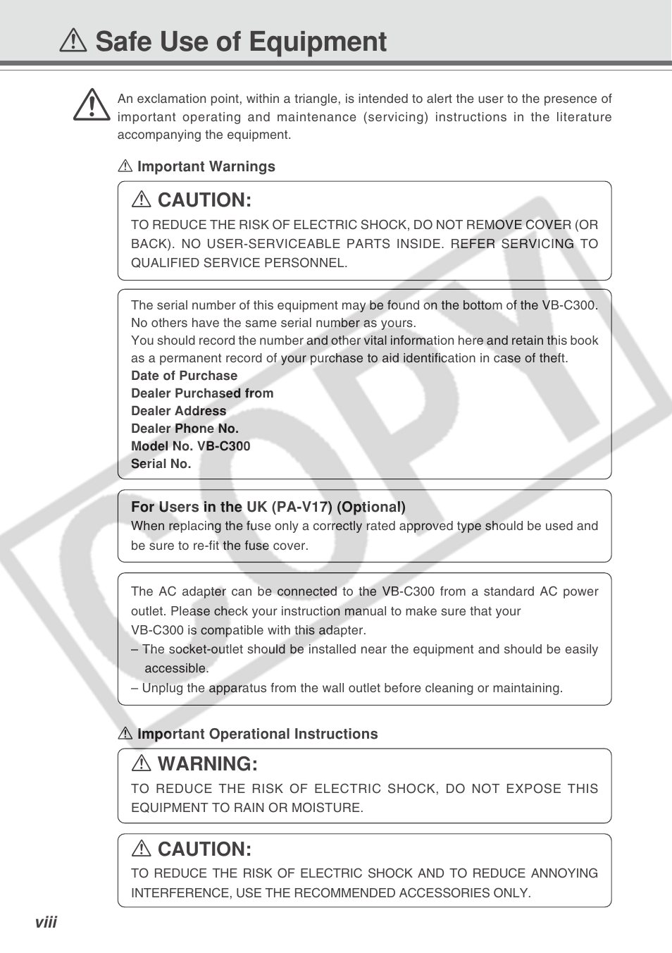 A safe use of equipment, A caution, A warning | Canon VB-C300 User Manual | Page 8 / 54