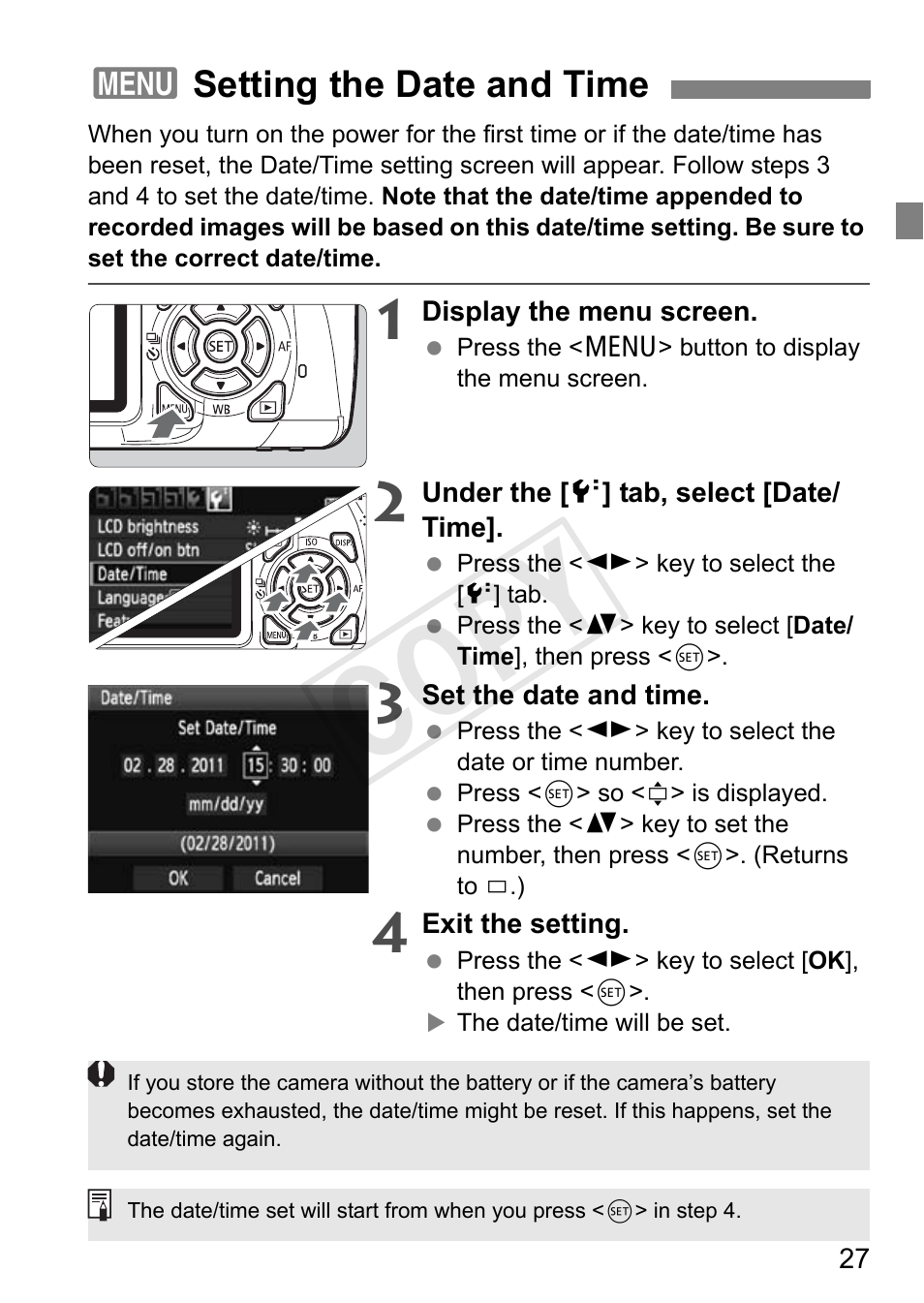 Cop y, 3setting the date and time | Canon EOS Rebel T3 18-55mm IS II Lens Kit User Manual | Page 27 / 84